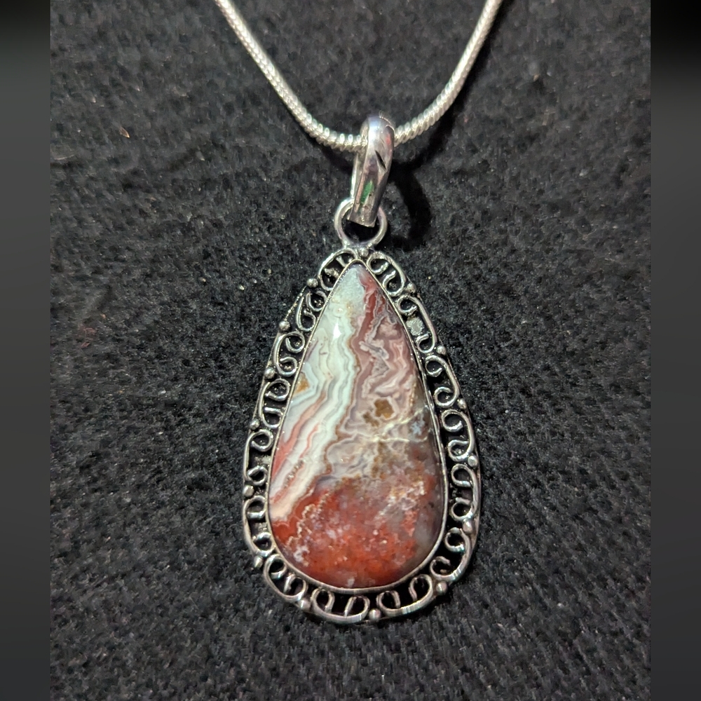 Silver Plated Red Crazy Lace Agate Gemstone Teardrop Pendant Statement Necklace